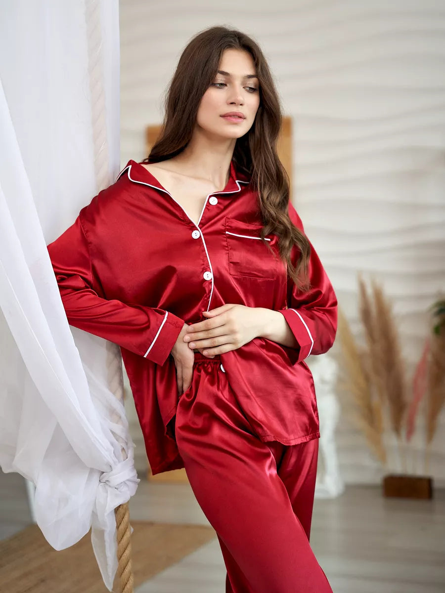 Pyjama Long en Satin & Passepoil Contrastant - Céleste