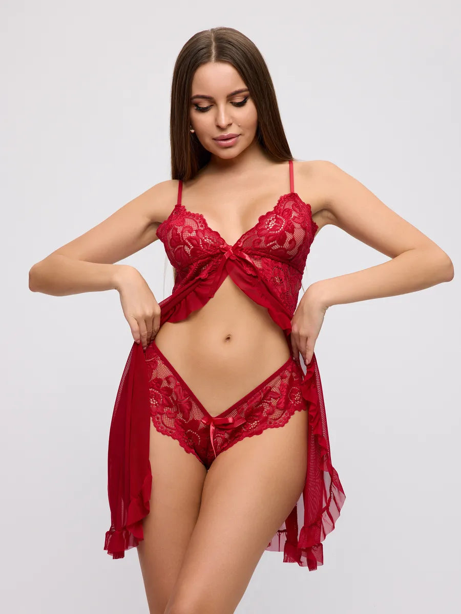 Nuisette Babydoll Fendue en Dentelle avec string - Roxane
