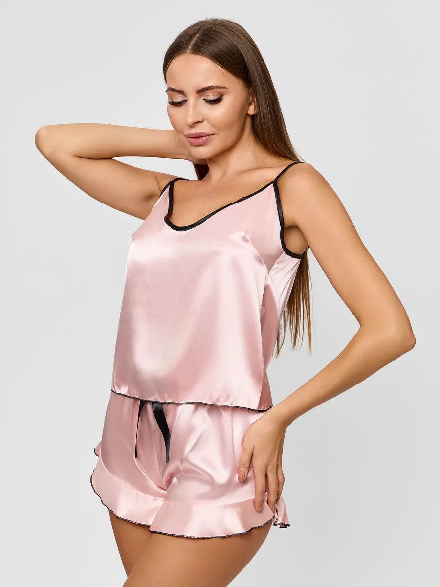 Pyjama Court en Satin Bicolore & Short à Volants - Juliette