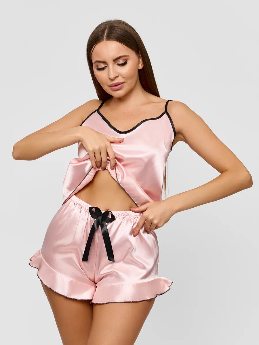 Pyjama Court en Satin Bicolore & Short à Volants - Juliette