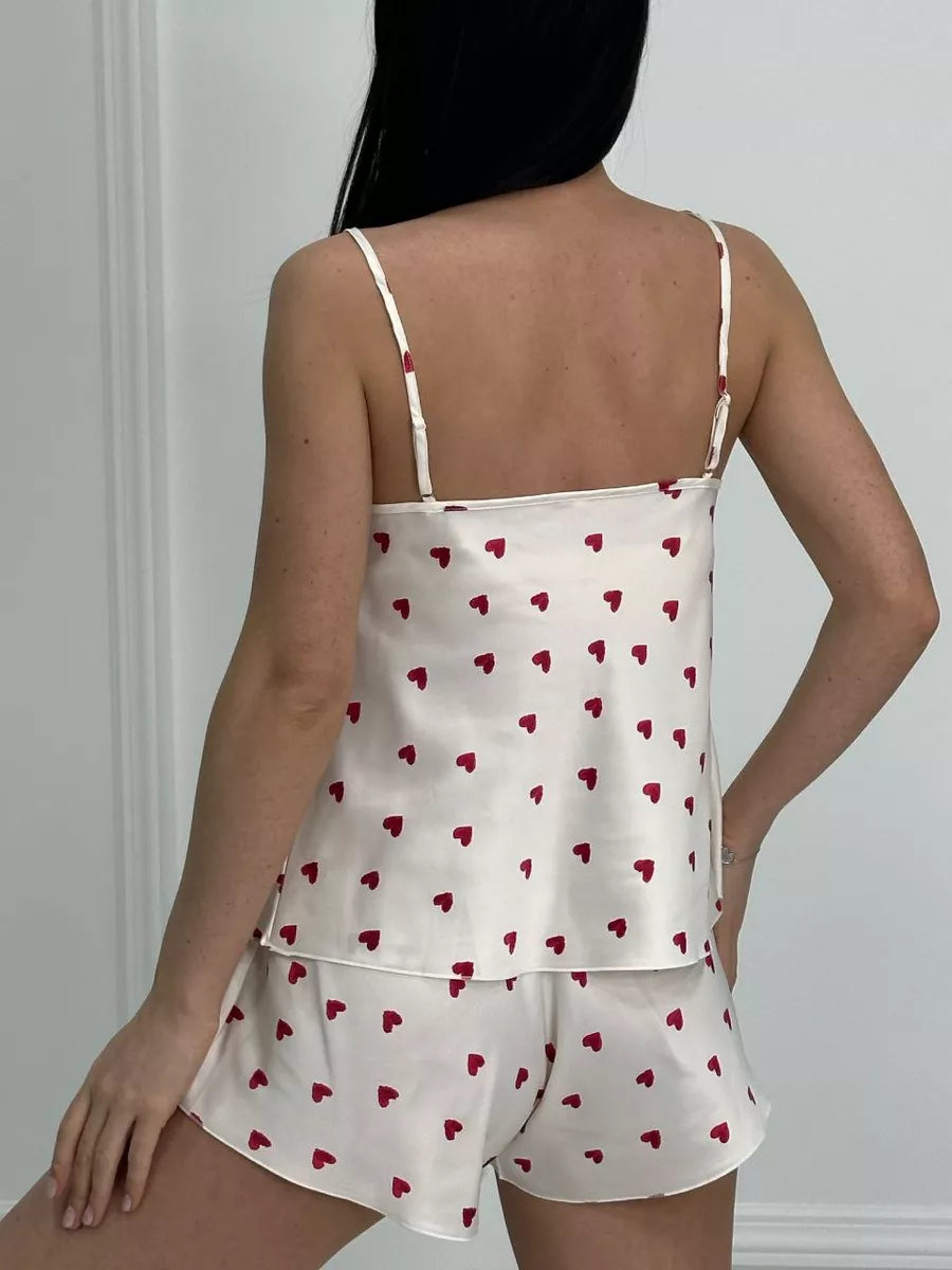 Pyjama Court en Satin & Imprimé Cœur - Valentine