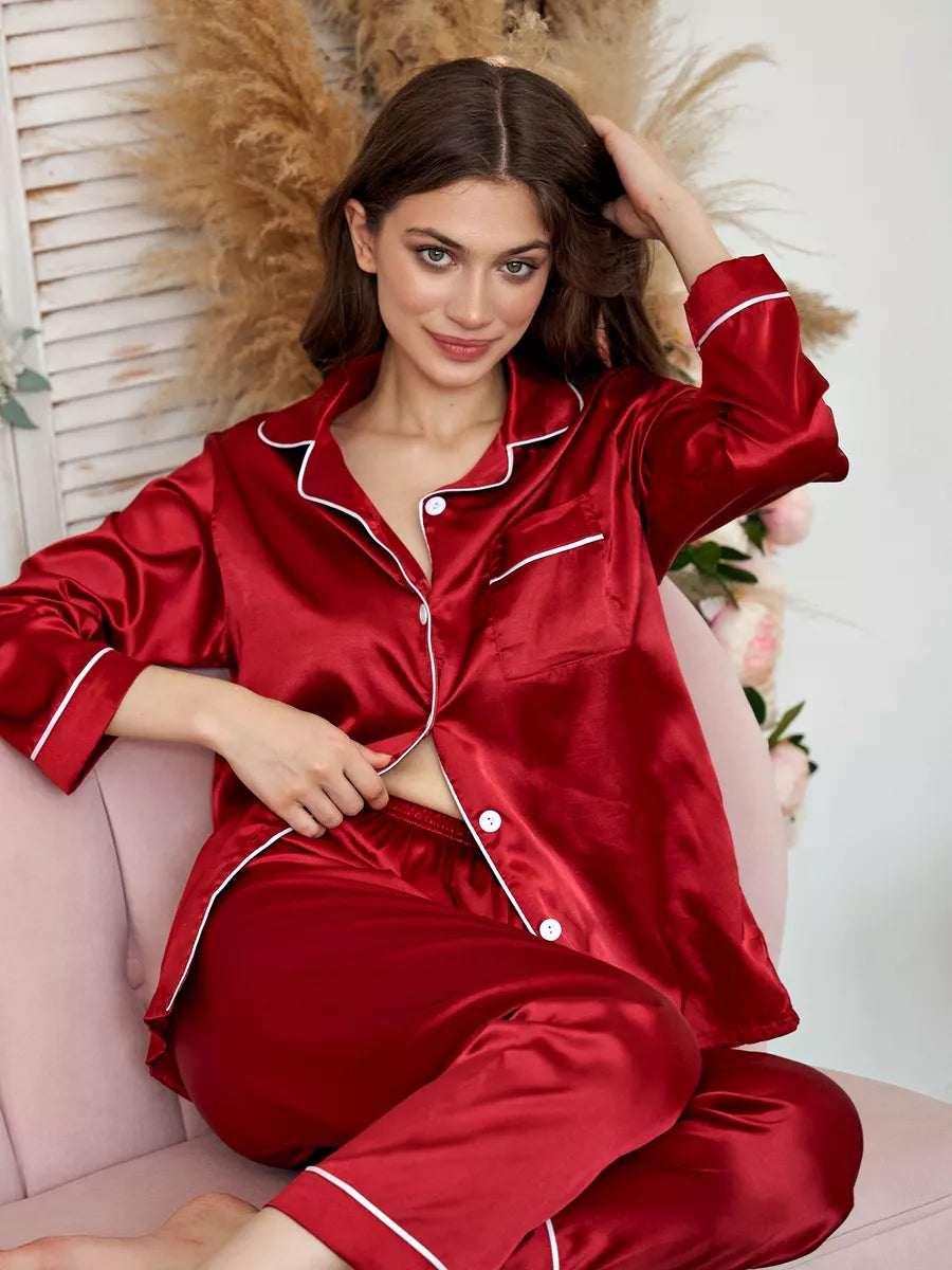 Pyjama Long en Satin & Passepoil Contrastant - Céleste