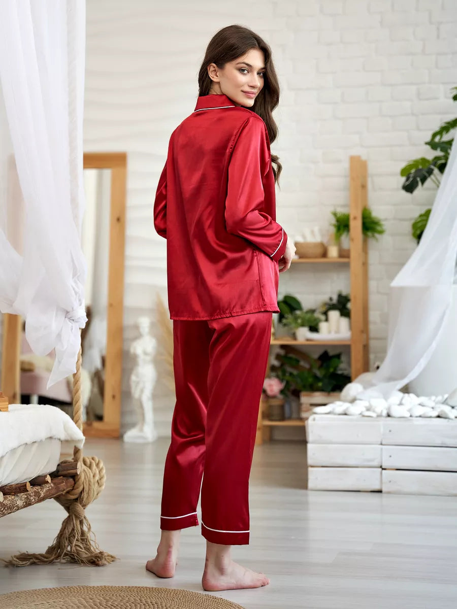 Pyjama Long en Satin & Passepoil Contrastant - Céleste