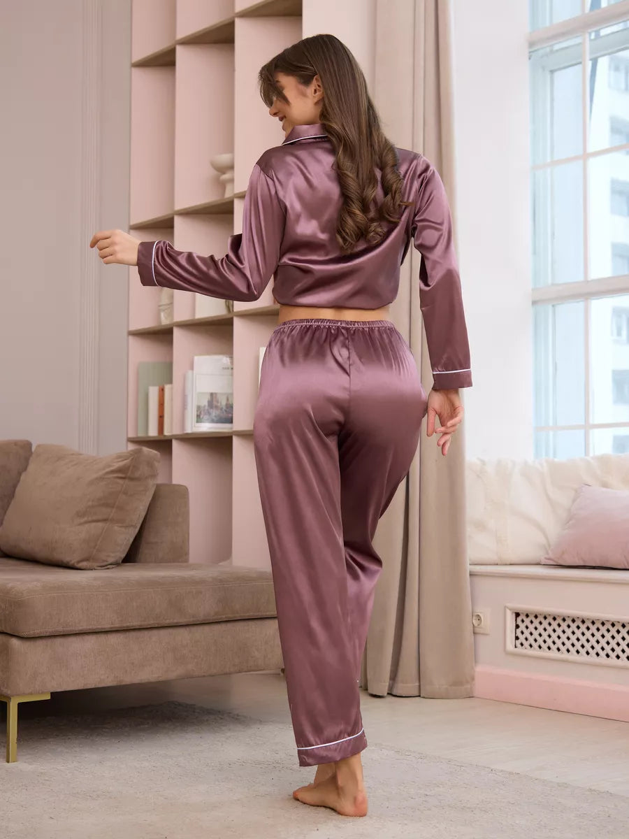 Pyjama Long en Satin & Passepoil Contrastant - Céleste