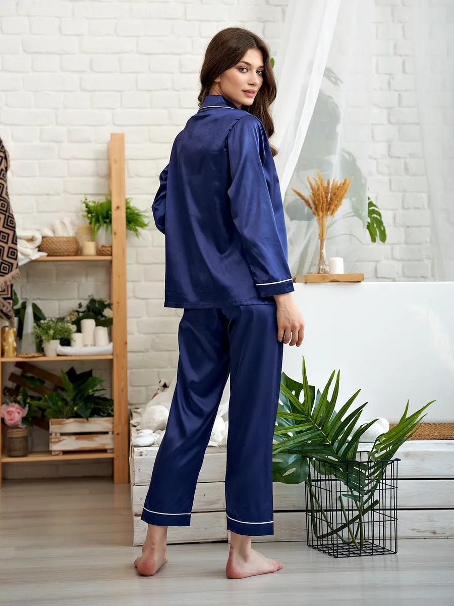 Pyjama Long en Satin & Passepoil Contrastant - Céleste